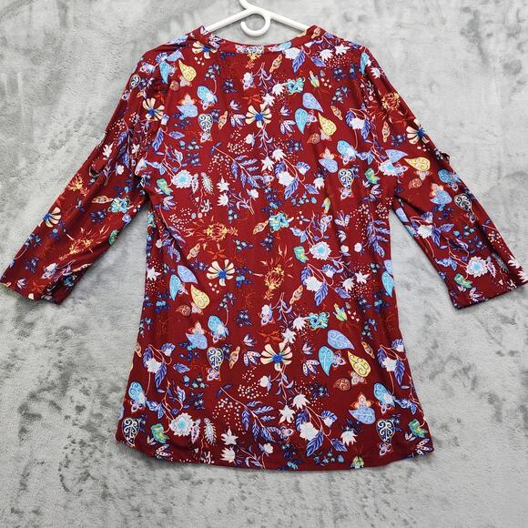 Ouncuty Top Womens XL Floral Split Neck Roll Up 3/4 Sleeve Lightweight Stretch - Picture 3 of 9